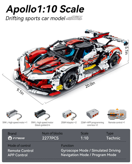 1:10 Apollo MOC Building Kit, Remote Control Drift, Electric gullwing doors, 2732 Pcs