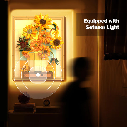 Sunflower Flower Set with Sensor Light, 3D Sunflower Van Gogh Painting Frame Wall Art Crafts (1166 Pcs)